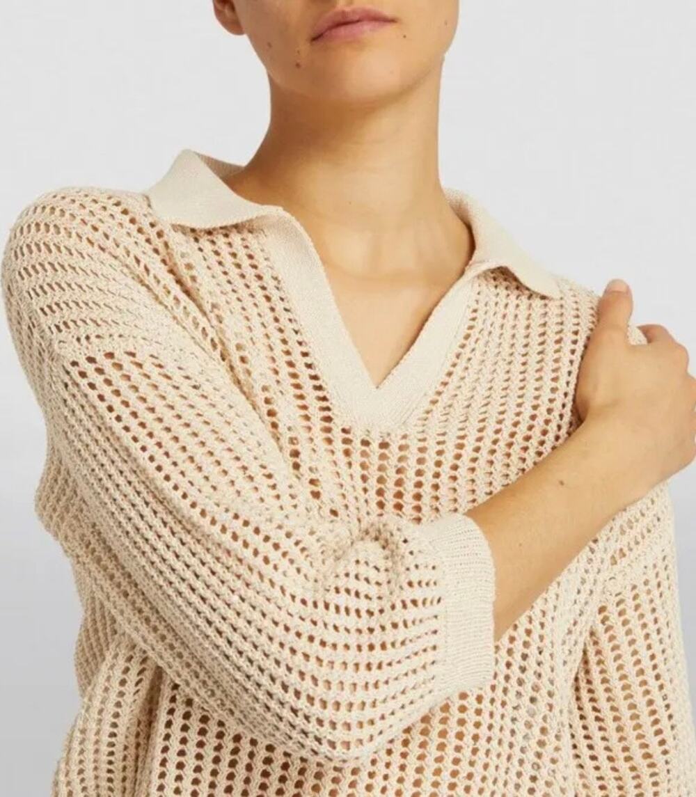 Peserico Ladder Open-Knit Shimmer Sequin Polo Collared Neutral Sweater IT40/US4